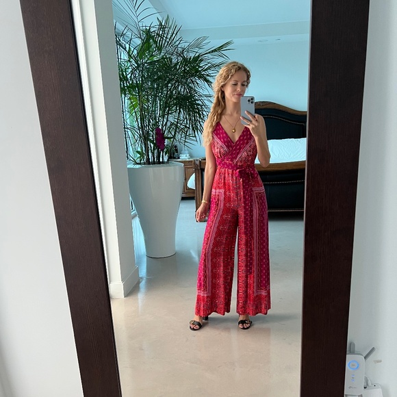 Long Red Jumpsuit Spaghetti Strap V-neck Asian Print Free People by Urban Outfit - Picture 1 of 8